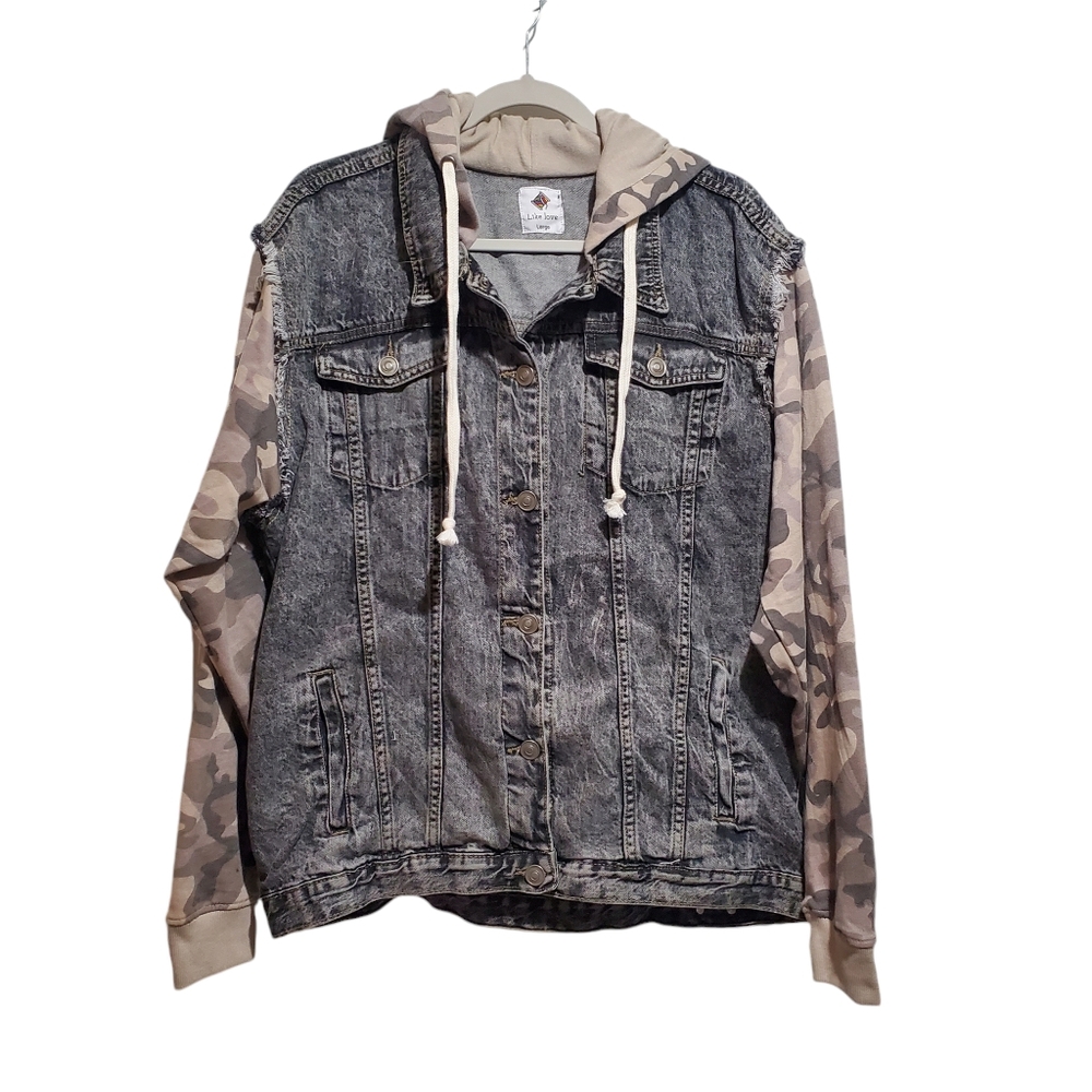 Like Love Denim Camo Sleeve Button Front Hooded Jacket Size L Mixed Media